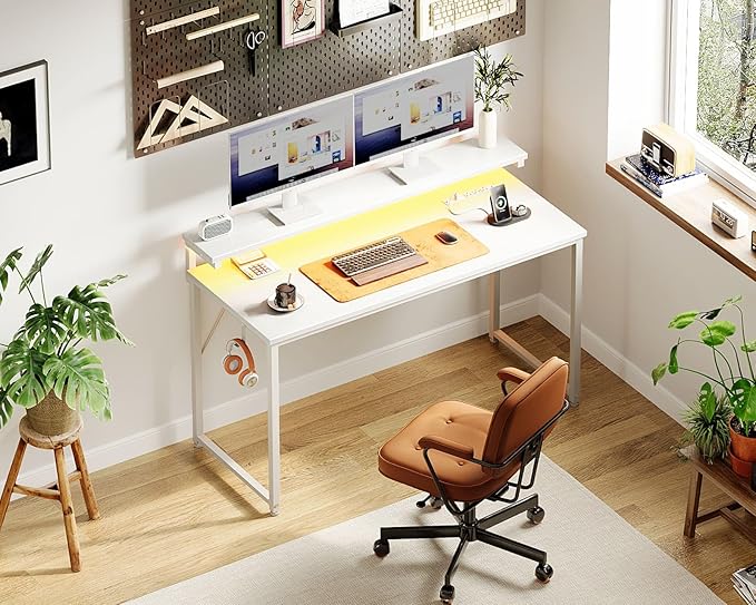 AODK Computer Desk, 48 Inch Gaming Desk with LED Lights and Power Outlet, Office Desk with Adjustable Monitor Shelf (3 Heights), Computer Table Work Desk for Home/Bedroom, White - LeafyLoom