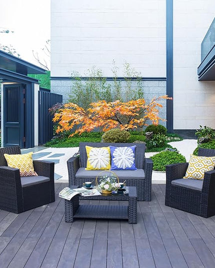 4 Pieces Outdoor Furniture Complete Patio Cushion Wicker P.E Rattan Garden Set, Full, Black - LeafyLoom