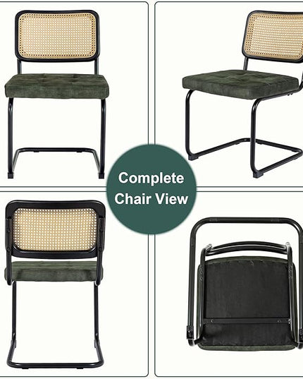 Mid Century Modern Dining Chairs Set of 2, Rattan Cantilever Kitchen Chairs, Dining Room Chairs Old Green Upholstered, Solid Wood Cane Back, Black Stainless Chrome Base Heavy Duty - LeafyLoom