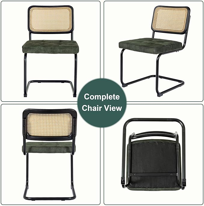 Mid Century Modern Dining Chairs Set of 2, Rattan Cantilever Kitchen Chairs, Dining Room Chairs Old Green Upholstered, Solid Wood Cane Back, Black Stainless Chrome Base Heavy Duty - LeafyLoom
