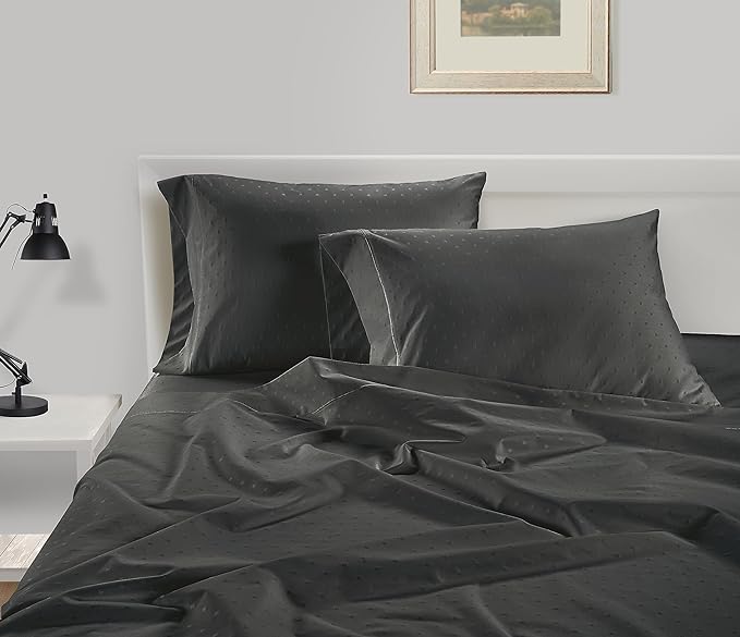 LANE LINEN 100% Egyptian Cotton Bed Sheets - 1000 Thread Count 4PC Queen Sheets Set, Long Staple Cotton Bedding Sheets, Sateen Weave, Luxury Hotel Sheets, Deep Pocket, Swiss Dot - Charcoal - LeafyLoom