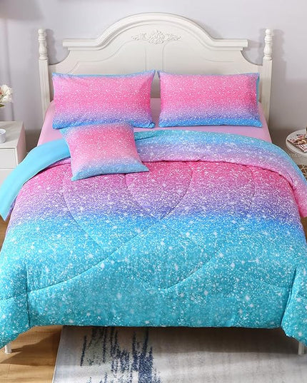 JQinHome Girls Comforter Sheet Set Full Size 6 Piece Bed in A Bag 3D Colorful Pink Rainbow Themed Bedding Set for Girls Women 1 Comforter,2 Pillowcases,1 Flat Sheet,1 Fitted Sheet,1 Cushion Cover - LeafyLoom