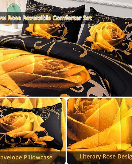 WONGS BEDDING Yellow Comforter Set King Reversible Yellow Rose Pattern Printed Bedding Comforter Set with 2 Pillowcases for All Seasons, Soft Microfiber Filling Bedding Set 103"x90" - LeafyLoom