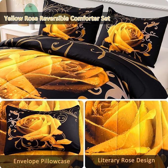 WONGS BEDDING Yellow Comforter Set King Reversible Yellow Rose Pattern Printed Bedding Comforter Set with 2 Pillowcases for All Seasons, Soft Microfiber Filling Bedding Set 103"x90" - LeafyLoom
