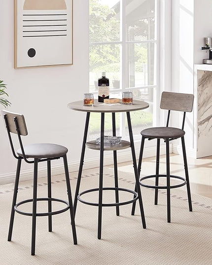 3 Pieces Bistro Table and Chairs Set, Industrial Counter Height Round Bar Table with Storage Shelf, 2 PU Upholstered Seat Stools with Backrest & Footrest, for Kitchen, Bar, Small Space, Grey - LeafyLoom