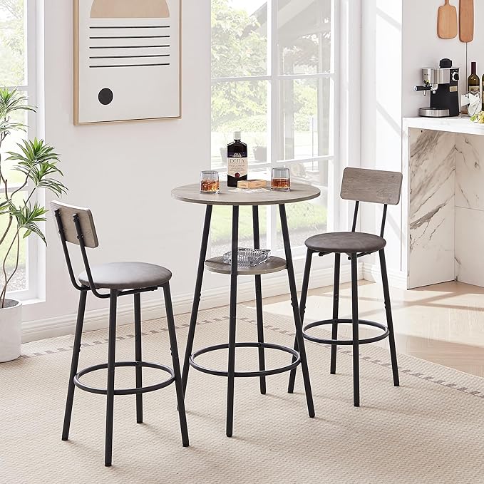 3 Pieces Bistro Table and Chairs Set, Industrial Counter Height Round Bar Table with Storage Shelf, 2 PU Upholstered Seat Stools with Backrest & Footrest, for Kitchen, Bar, Small Space, Grey - LeafyLoom