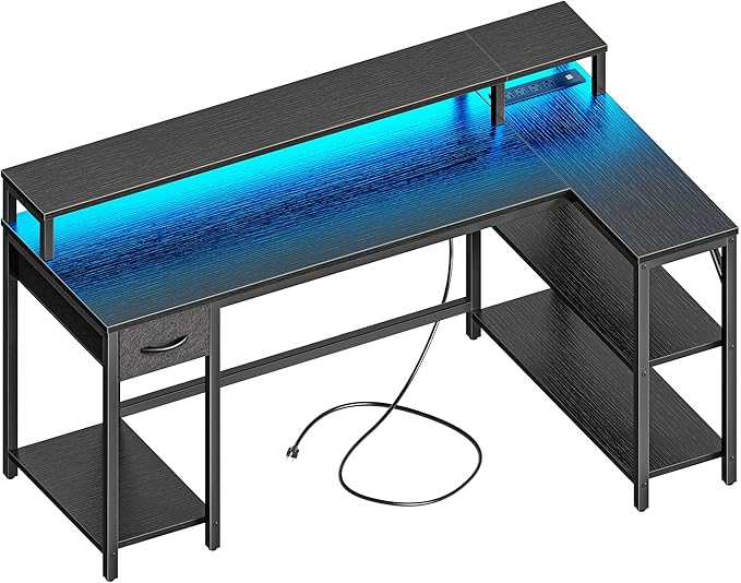 SUPERJARE 53 inch Reversible L Shaped Desk with LED Lights & Power Outlets, Computer Desk with Shelves & Monitor Stand, Gaming Desk with Drawer, Home Office Desk Corner Desk, Black - LeafyLoom