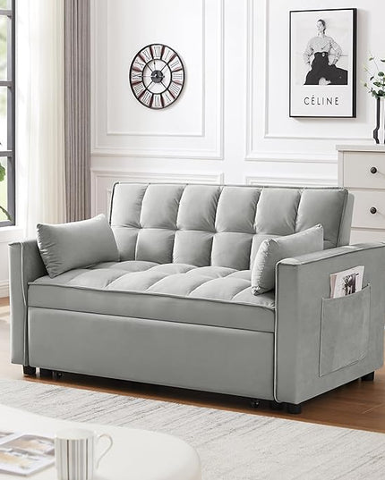 55" 3 in 1 Convertible Loveseat Futon Sofa Couch of Mordern Velvet w/Pullout Bed, Small Love Seat Lounge Sleeper w/Reclining Backrest, Toss Pillows, Pockets, Furniture for Living Room Bed - LeafyLoom