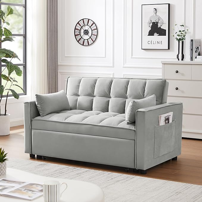 55" 3 in 1 Convertible Loveseat Futon Sofa Couch of Mordern Velvet w/Pullout Bed, Small Love Seat Lounge Sleeper w/Reclining Backrest, Toss Pillows, Pockets, Furniture for Living Room Bed - LeafyLoom