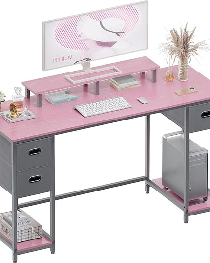 Pamray 55 Inch Computer Desk with Non-woven Storage Drawers and Monitor Stand Home Office Desk for Bedroom Study Table Writing and Work Desk Pink - LeafyLoom