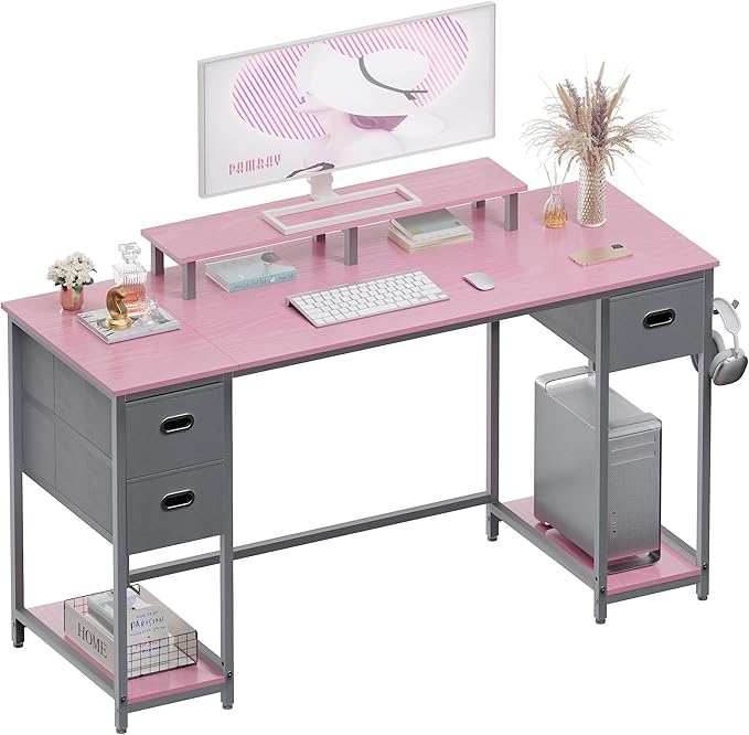 Pamray 55 Inch Computer Desk with Non-woven Storage Drawers and Monitor Stand Home Office Desk for Bedroom Study Table Writing and Work Desk Pink - LeafyLoom