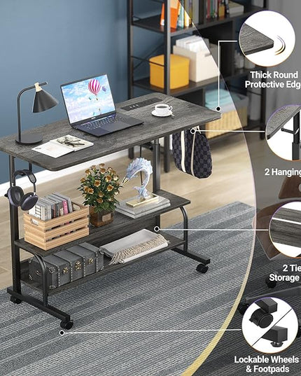 Height Adjustable Standing Desk with Power Outlets, 32" Manual Stand Up Desk with Storage Shelves Small Mobile Rolling Computer Desk Portable Laptop Table with Wheels for Home Office, Grey Oak - LeafyLoom