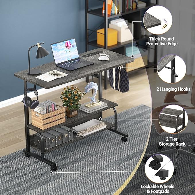 Height Adjustable Standing Desk with Power Outlets, 32" Manual Stand Up Desk with Storage Shelves Small Mobile Rolling Computer Desk Portable Laptop Table with Wheels for Home Office, Grey Oak - LeafyLoom