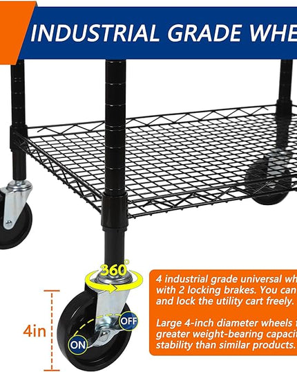 3 Tier Heavy Duty Rolling Utility Cart,18" D x 30" W x 36.6" H Rolling Carts with Wheels,Commercial Grade Metal Cart with Handle Bar & Shelf Liner,Trolley Serving Storage Cart for Kitchen Black - LeafyLoom