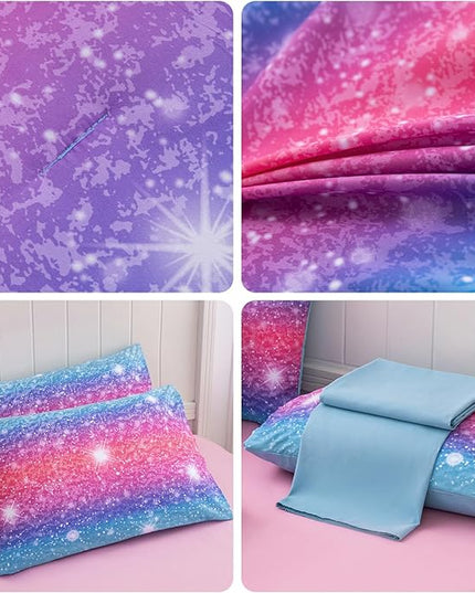 Twin Comforter Set for Girls Galaxy Bedding 7pieces, Ombre Bedding Comforter Sets Rainbow Comforter, Glitter Bedding Twin Teen Comforter Sets for Girls (Blue) - LeafyLoom