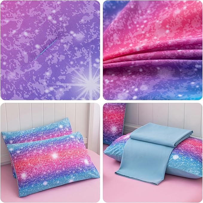 Twin Comforter Set for Girls Galaxy Bedding 7pieces, Ombre Bedding Comforter Sets Rainbow Comforter, Glitter Bedding Twin Teen Comforter Sets for Girls (Blue) - LeafyLoom