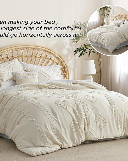 Bedsure Boho Comforter Set King - Beige Tufted Bedding Comforter Set, 3 Pieces Farmhouse Shabby Chic Embroidery Bedding Set, Soft Geometric Pattern Comforter for All Seasons - LeafyLoom