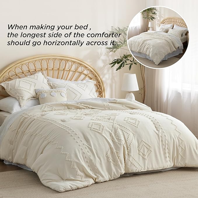 Bedsure Boho Comforter Set King - Beige Tufted Bedding Comforter Set, 3 Pieces Farmhouse Shabby Chic Embroidery Bedding Set, Soft Geometric Pattern Comforter for All Seasons - LeafyLoom