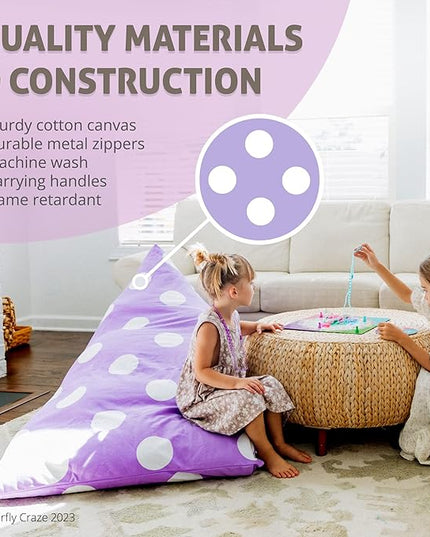 Butterfly Craze Bean Bag Chair Cover, Functional Toddler Toy Organizer, Fill with Stuffed Animals to Create a Jumbo, Comfy Floor Lounger for Boys or Girls, Stuffing Not Included, Purple Polka Dots - LeafyLoom