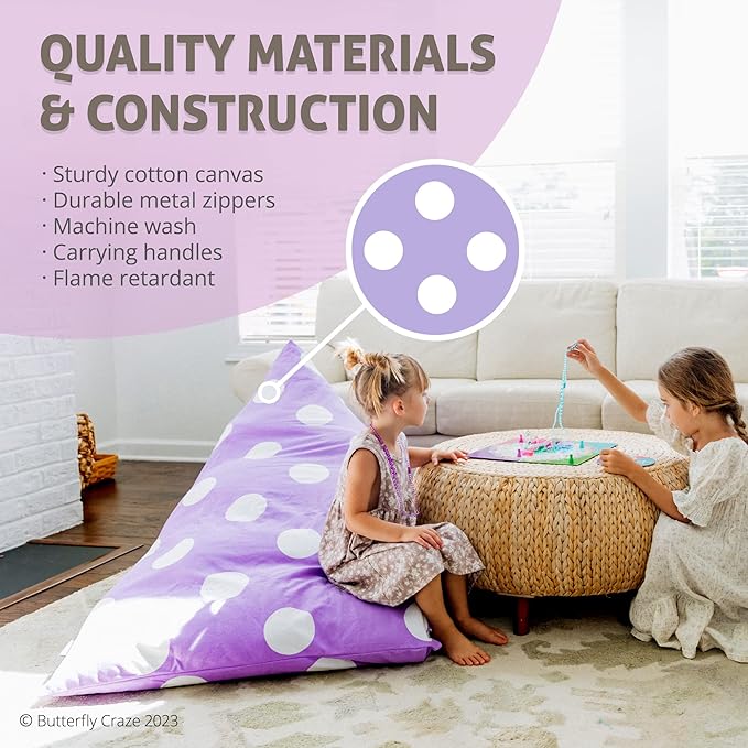 Butterfly Craze Bean Bag Chair Cover, Functional Toddler Toy Organizer, Fill with Stuffed Animals to Create a Jumbo, Comfy Floor Lounger for Boys or Girls, Stuffing Not Included, Purple Polka Dots - LeafyLoom