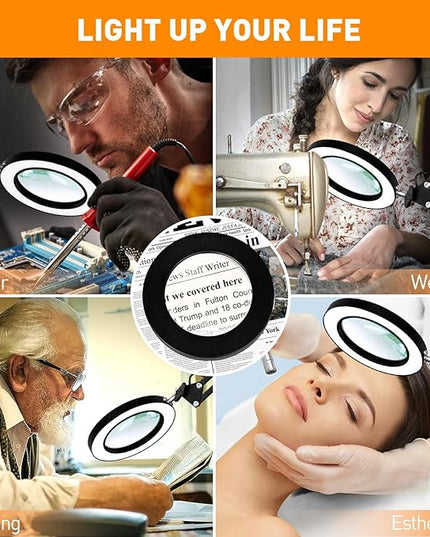 Magnifying Glass with Light and Stand, 10X Real Glass LED Magnifying Lamp, 3 Color Modes 10 Level Dimmable Lighted Magnifying Glass, 2-in-1 Magnifier Desk Lamp & Clamp for Reading Crafts Repair - LeafyLoom