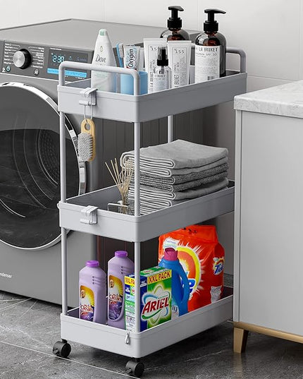 Ronlap 3 Tier Classic Storage Rolling Cart, Slim Storage Cart with Wheels Slide Out Storage Rolling Cart Organizer Plastic Utility Carts for Bathroom Laundry Room Kitchen Office Narrow Place, Grey - LeafyLoom