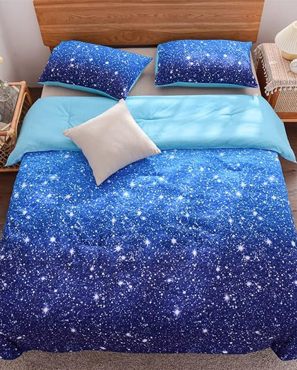 Holawakaka Kids Space Star Galaxy Bedding Comforter Set Twin/Twin XL Size Boys Girls Blue Indigo Ombre Print Gradient Glitter Stars Bed Sets (Blue, Twin) - LeafyLoom
