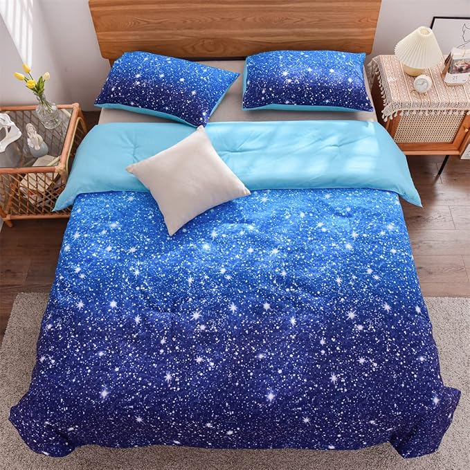 Holawakaka Kids Space Star Galaxy Bedding Comforter Set Twin/Twin XL Size Boys Girls Blue Indigo Ombre Print Gradient Glitter Stars Bed Sets (Blue, Twin) - LeafyLoom