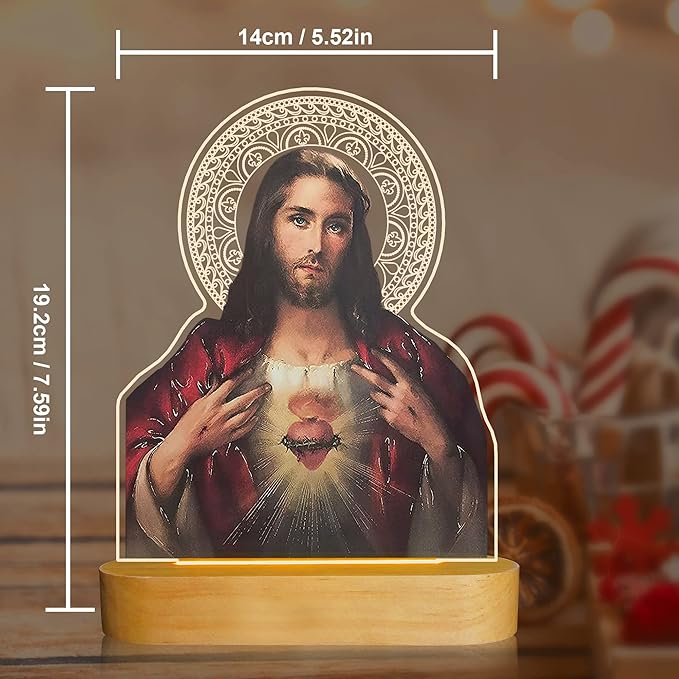 Catholic Gifts for Women, Sacred Heart of Jesus Picture Religious Gifts with Warm Yellow Light for Home Decor, Christian Inspirations Godly Blessed Birthday Gifts for Mother Grandma Men Lady - LeafyLoom
