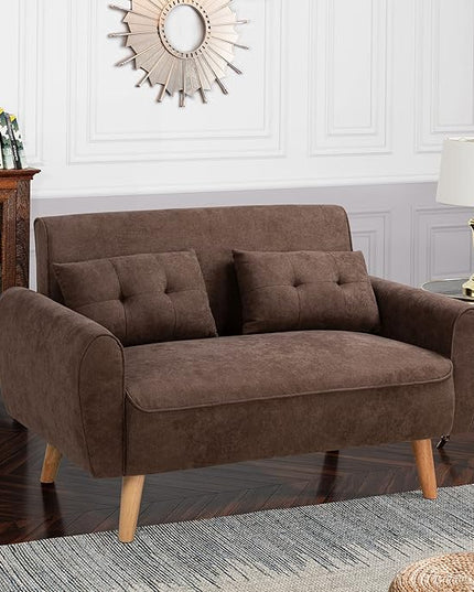 Shintenchi 47" Loveseat Wood Sofa, Brown, Easy Assembly, Comfortable Cushions - LeafyLoom