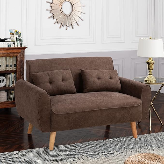 Shintenchi 47" Loveseat Wood Sofa, Brown, Easy Assembly, Comfortable Cushions - LeafyLoom