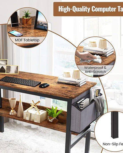 DKLGG Small Computer Desk Study Table, 43 Inch Home Office Laptop Table for Small Spaces, Modern Work Writing Table with Storage Bag & Headphone Hook, Rustic Brown - LeafyLoom
