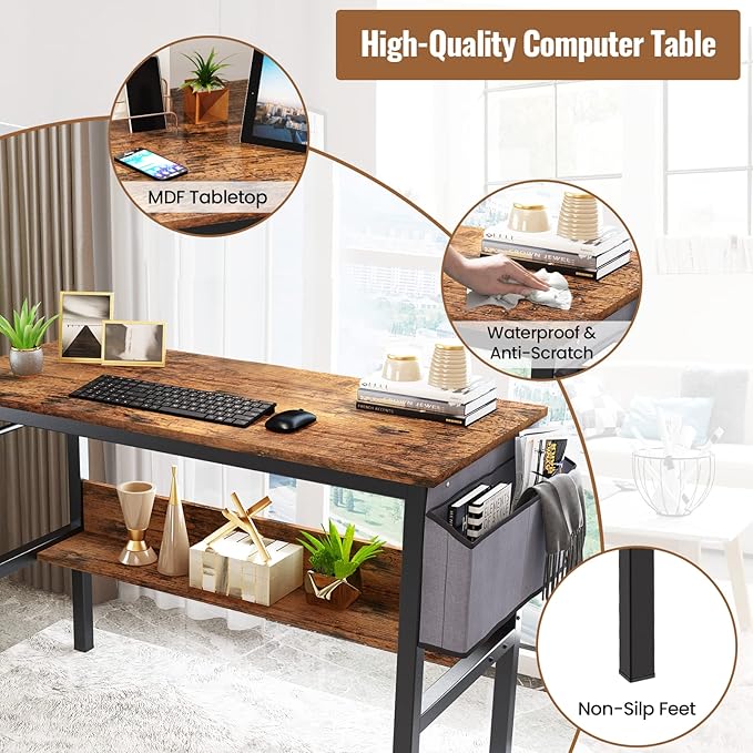 DKLGG Small Computer Desk Study Table, 43 Inch Home Office Laptop Table for Small Spaces, Modern Work Writing Table with Storage Bag & Headphone Hook, Rustic Brown - LeafyLoom