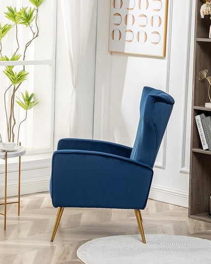 Armchair Modern Velvet Accent Chair, Channel Tufted Bedroom, Office or Living Room Furniture with Elegant Metal Legs, Blue - LeafyLoom