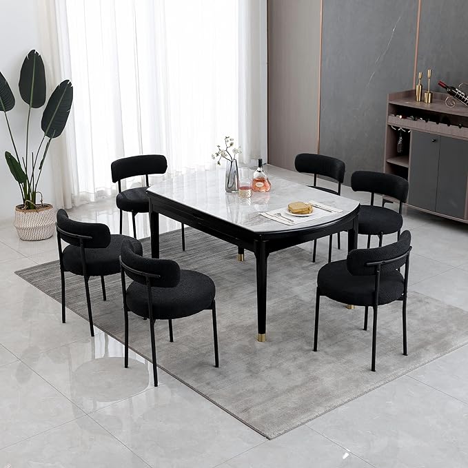 Dining Chairs Set of 6, Boucle Dining Room Chairs Modern Mid-Century Kitchen Chairs Curved Backrest Upholstered Chairs for Dining Room Black Metal Legs, Black - LeafyLoom