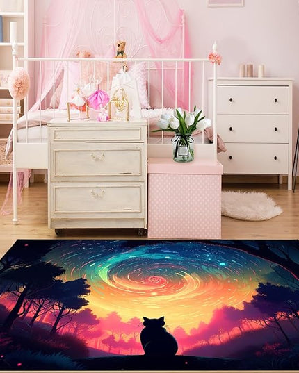 Moon Black Cat Rug - Mystical Stary Night Cat Rug for Kids Bedroom Colorful Black Cat Rug Decor Room Cat Door Mats Outdoor Entrance, 2x3 Feet - LeafyLoom