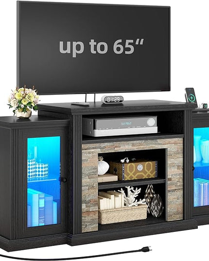 YITAHOME Modern TV Stand for up to 65 Inch TVs, Entertainment Center with LED Lights and Power Outlets, Farmhouse TV Cabinet Media Console Table with Glass Doors for Living Room, Black, 59 Inch - LeafyLoom