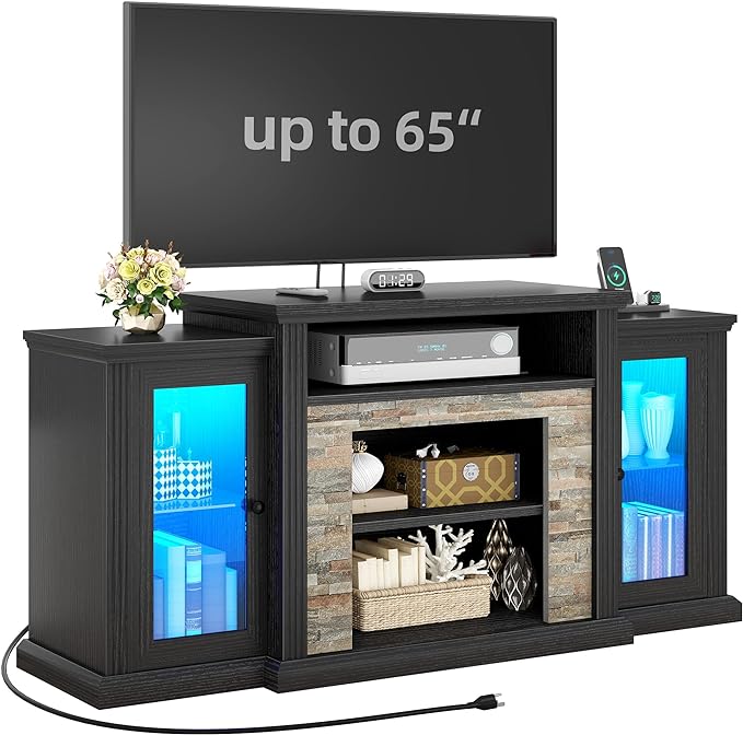 YITAHOME Modern TV Stand for up to 65 Inch TVs, Entertainment Center with LED Lights and Power Outlets, Farmhouse TV Cabinet Media Console Table with Glass Doors for Living Room, Black, 59 Inch - LeafyLoom