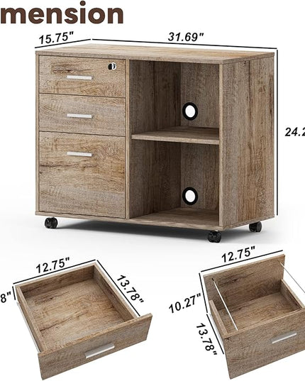 Maxtown Wood Filing Cabinet, Mobile Lateral Filing Cabinet with Lock, 3 Drawer Filing Cabinet with Open Storage Shelves, Printer Stand for Home Office, Walnut - LeafyLoom