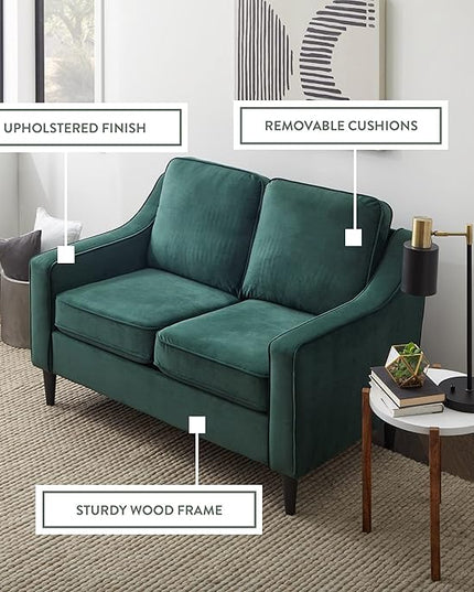 Edenbrook Jensen Upholstered Loveseat – Green Velvet Loveseat - Living Room Furniture - Small Loveseat- Seats Two - Scoop Arm Modern Couch - Couches - LeafyLoom