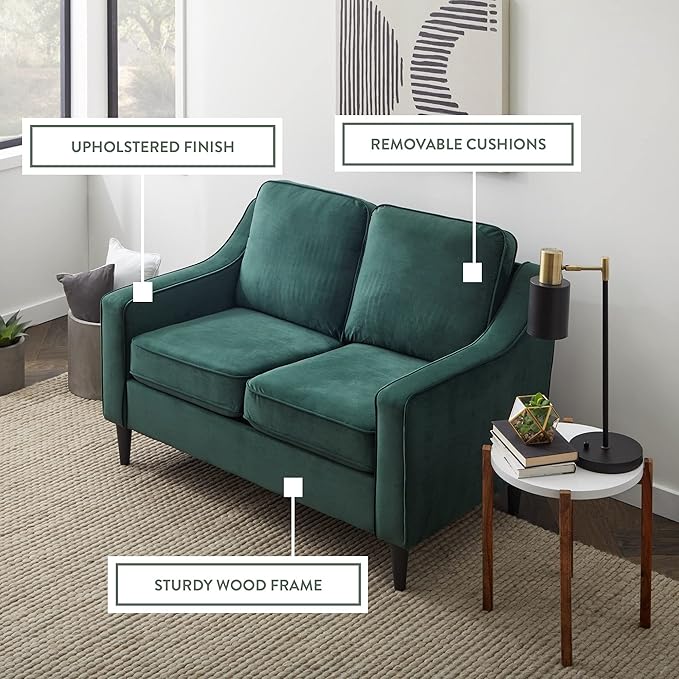 Edenbrook Jensen Upholstered Loveseat – Green Velvet Loveseat - Living Room Furniture - Small Loveseat- Seats Two - Scoop Arm Modern Couch - Couches - LeafyLoom