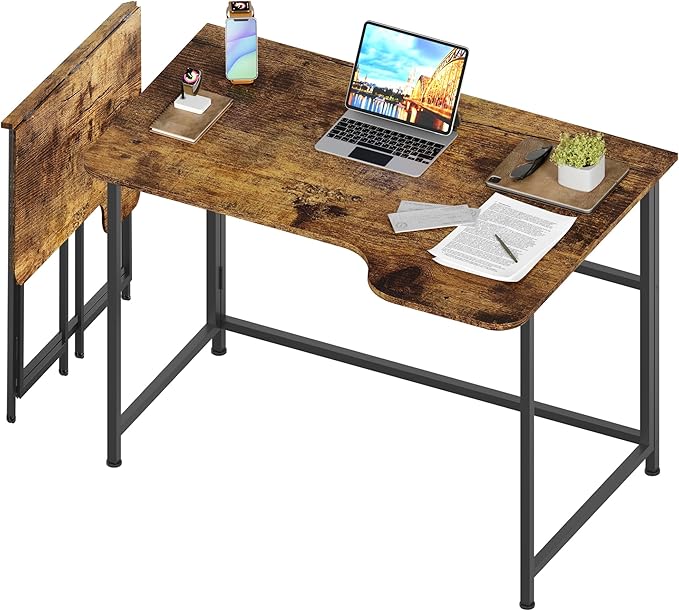 4NM 35.4" Small L Shaped Desk, Folding Computer Desk Home Office Desk, Foldable Bed Desk for Laptop for Small Space Offices - Rustic Brown and Black - LeafyLoom