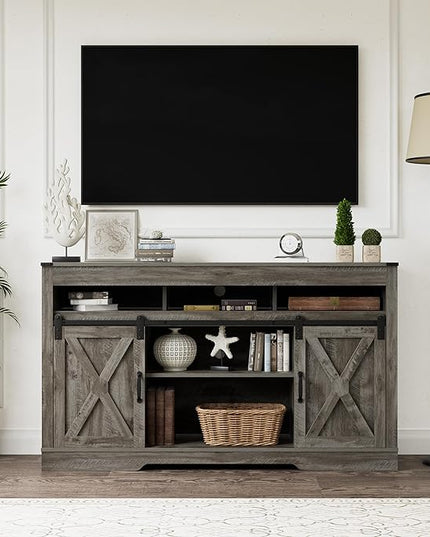 Farmhouse TV Stand with Sliding Barn Door for TVs up to 65+ Inch, 34" Tall Entertainment Center, Wood Media Console Storage Cabinet for Bedroom, Living Room, Light Grey - LeafyLoom