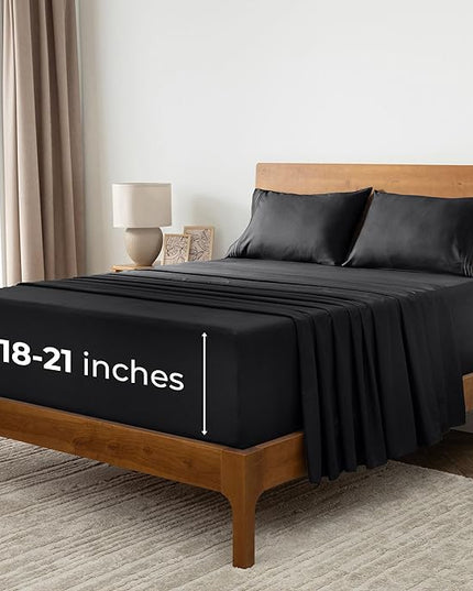 Mellanni Extra Deep Split King Sheets - 5 PC Iconic Collection Bedding Sheets & Pillowcases - Hotel Luxury, Ultra Soft, Cooling Bed Sheets - Extra Deep Pocket up to 21 inch (Split King, Black) - LeafyLoom