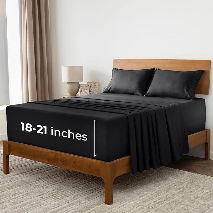 Mellanni Extra Deep Full Sheets - 4 PC Iconic Collection Bedding Sheets & Pillowcases - Hotel Luxury, Ultra Soft, Cooling Bed Sheets - Extra Deep Pocket up to 21 inch (Full, Black) - LeafyLoom