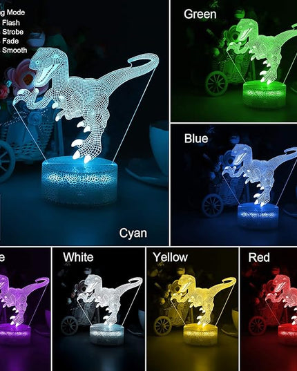 VSATEN Dinosaur Night Light for Kids, 3D Illusion Lamp 3-Pattern & 16 Colors Changing LED Dino Nightlight with Smart Touch & Remote Control, Dinosaur Gifts for Boys Girls Age 4 5 6+ Year Old - LeafyLoom