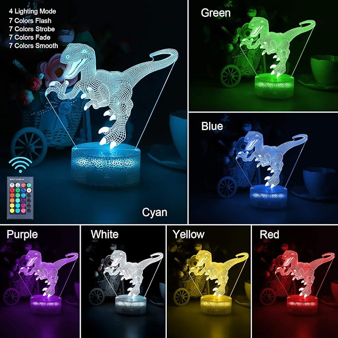 VSATEN Dinosaur Night Light for Kids, 3D Illusion Lamp 3-Pattern & 16 Colors Changing LED Dino Nightlight with Smart Touch & Remote Control, Dinosaur Gifts for Boys Girls Age 4 5 6+ Year Old - LeafyLoom