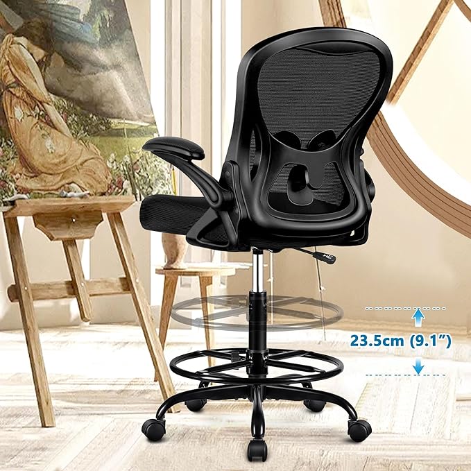 Drafting Chair, Tall Office Chair Ergonomic Standing Desk chair, Lumbar Support Computer Chair Swivel Task Rolling Chair with Adjustable Flip-up Armrests & Foot Ring (Black) - LeafyLoom
