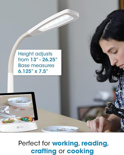 OttLite LED Desk Lamp with Tablet & Smart Phone Stand- ClearSun LED Technology - Desk Lamp with Storage Base, USB Charging Port, & Flexible Neck Height - for Tutorials, Crafting, Sewing & Working - LeafyLoom