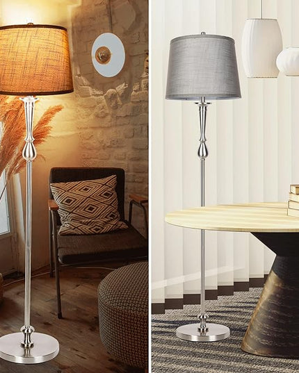 Dott Arts Tall Floor Lamp for Living Room Bedroom, 3 Color Temperature Standing Lamp with Grey Linen Shade, Modern Floor Lamp with 9W LED Bulb, Elegant Nickel Finish Reading Floor Lamps, Foot Switch - LeafyLoom